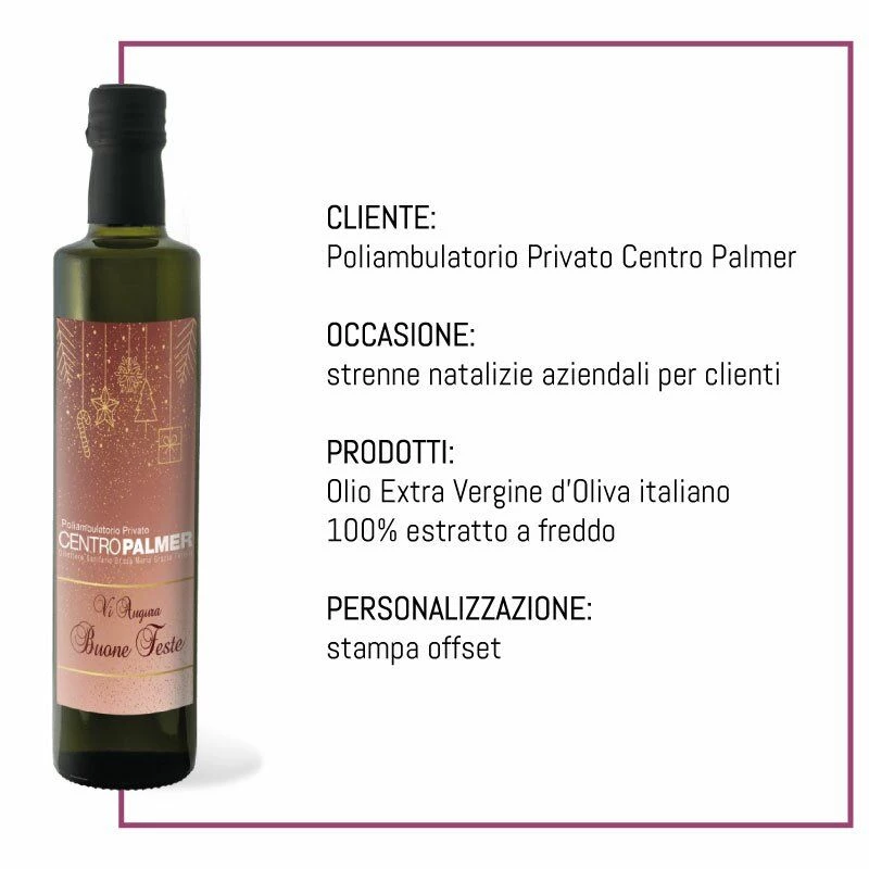 Bottiglia di olio Poliambulatorio Privato Centro Palmer con etichetta personalizzata