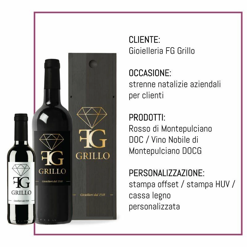 Cassetta di legno e due bottiglie di vino Gioielleria FG Grillo